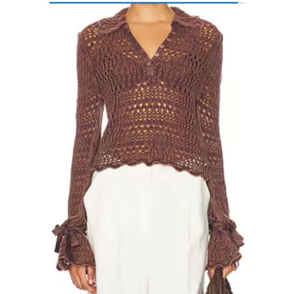 Free People‎ Pointelle Pullover Bell Sleeves Shirt Sz XS Chickory Coffee Brown